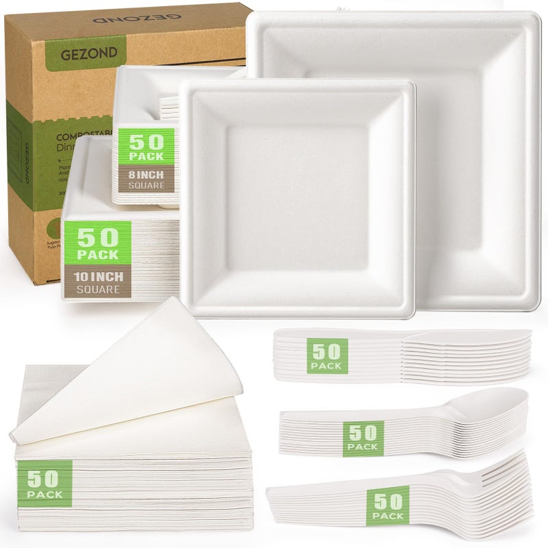 Gezond Compostable Paper Plates Set 300pcs Disposable Sugarcane Plates 10 Inch Ecofriendly White Square Plate with Napkins Biodegradable Heavyduty Utensils for Party